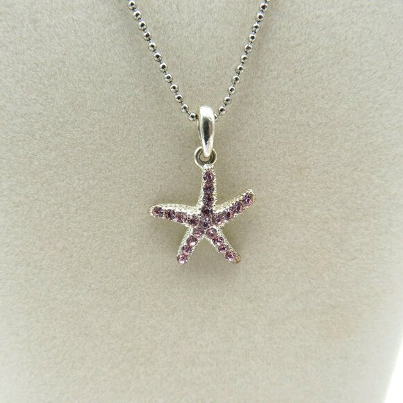 Starfish‎ Pendant Necklace Pink Crystals Silver Tone 16" Bead Chain Beach - Picture 2 of 6
